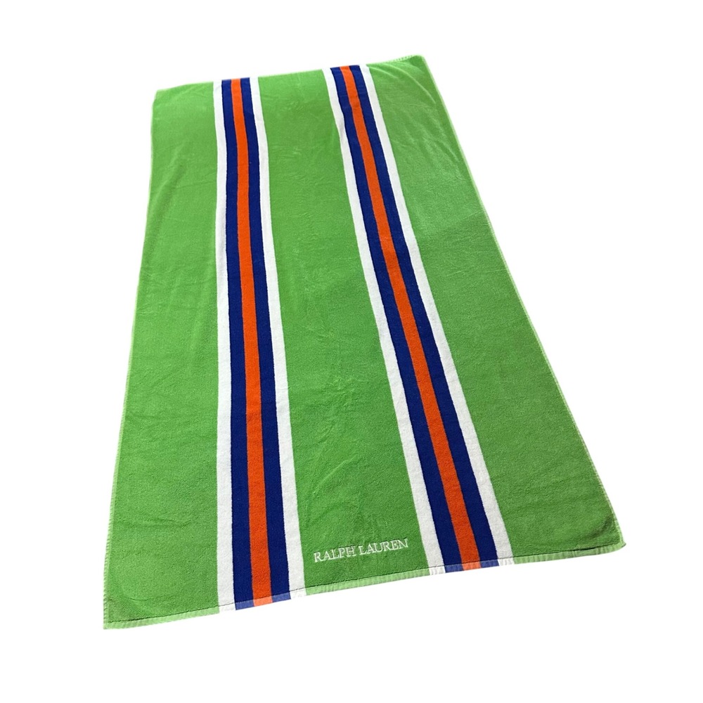 Ralph Lauren Embroidered Green Orange Striped Cotton Beach Towel 36" x 69"